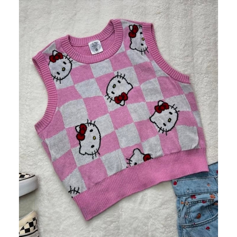 Hello Kitty Sanrio Pink Checkered Knit Sweater Vest Womens Small